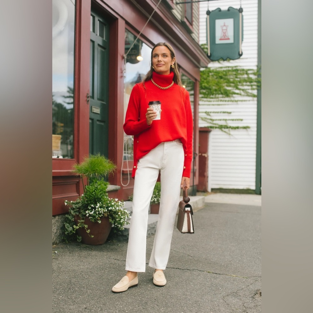 EUC Tuckernuck Wool Sofia Turtleneck Red Knit Sweater with gold buttons - small